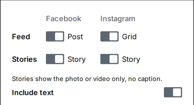 The app’s publish places: Instagram and Facebook Stories, Instagram grid and Facebook feed, all switched on